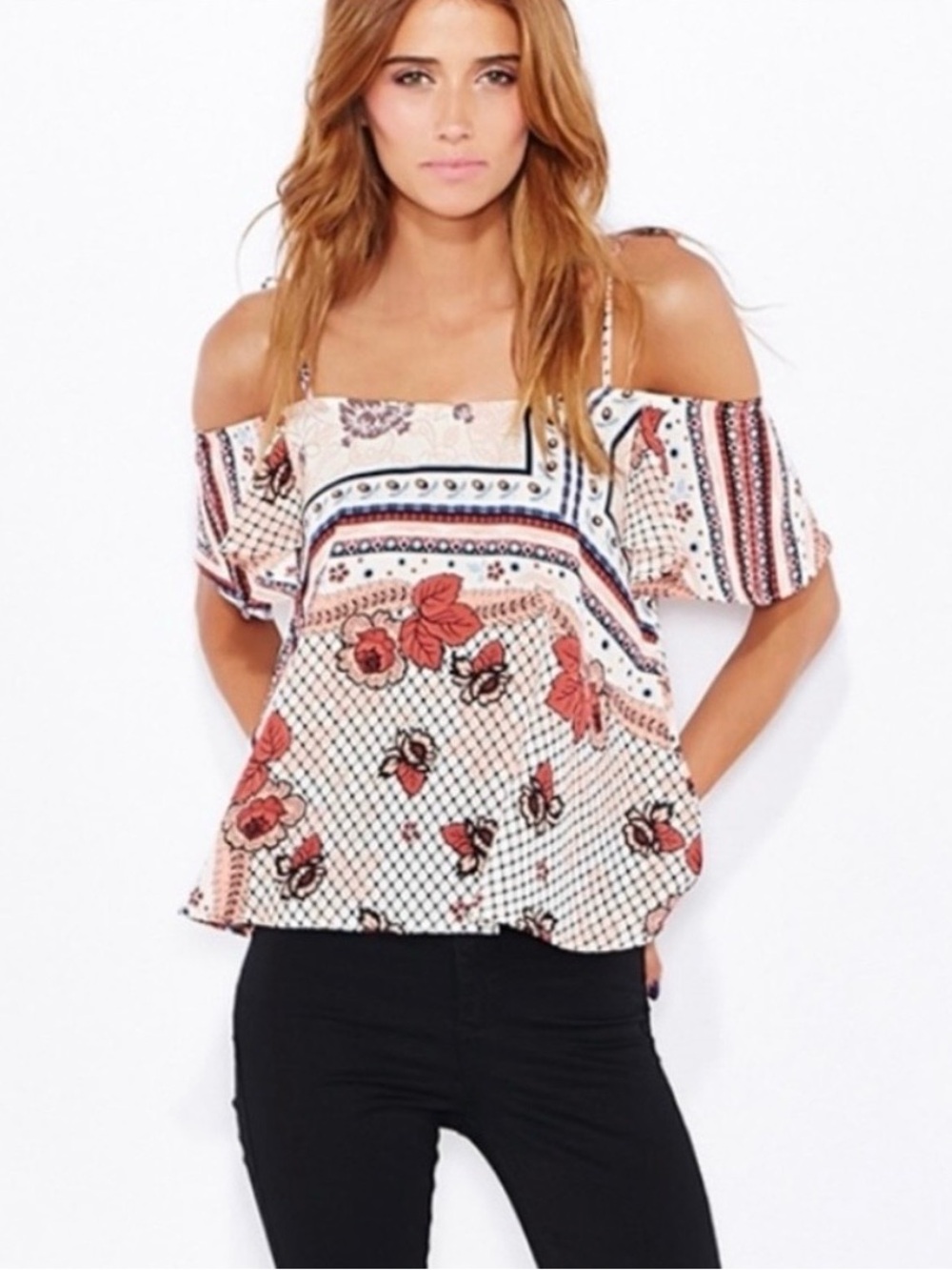 Topshop Scarf Print Tie Strap Bardot Off Shoulder Blouse US 4